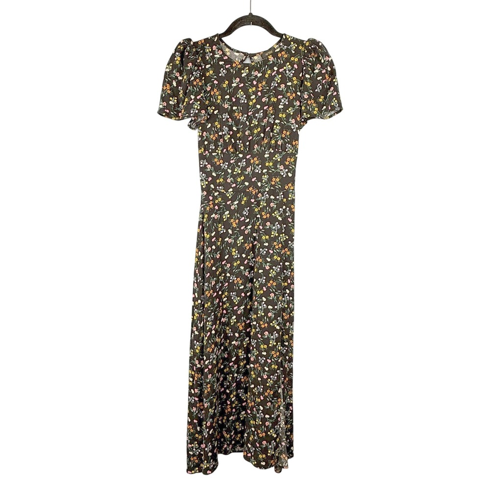 AFRM Midi Dress Women XS Black Floral Puff Sleeve Smocked Open Back Cutout